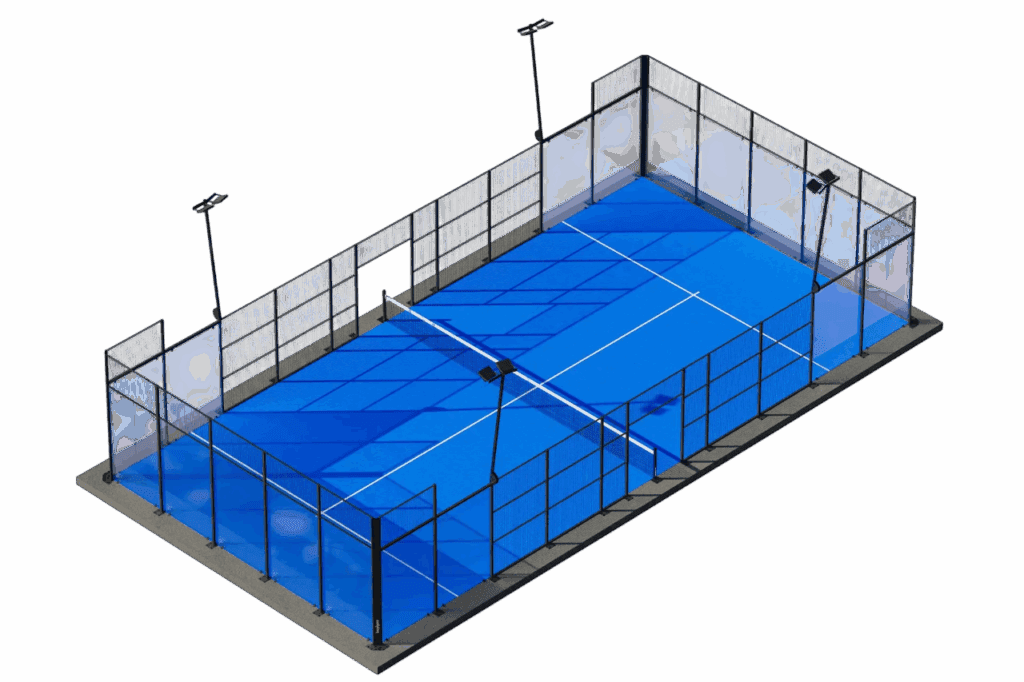 Padel court dimensions diagram showing 20x10 meter layout with glass walls and metal fence